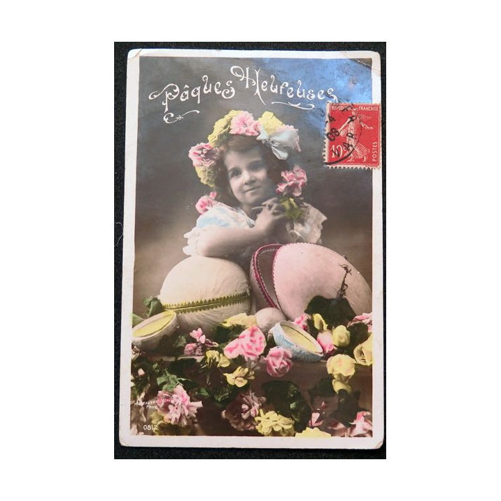 Carte postale Pâques heureuses 1908 timbrée 