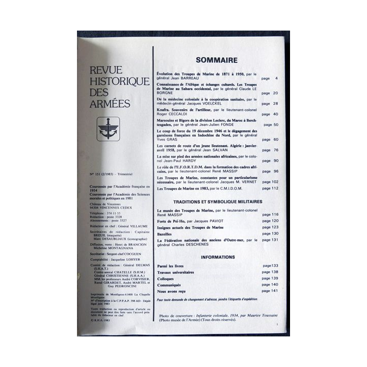 Revue historique des armées - N° 151 - mars 1983 - Les Troupes de Marine