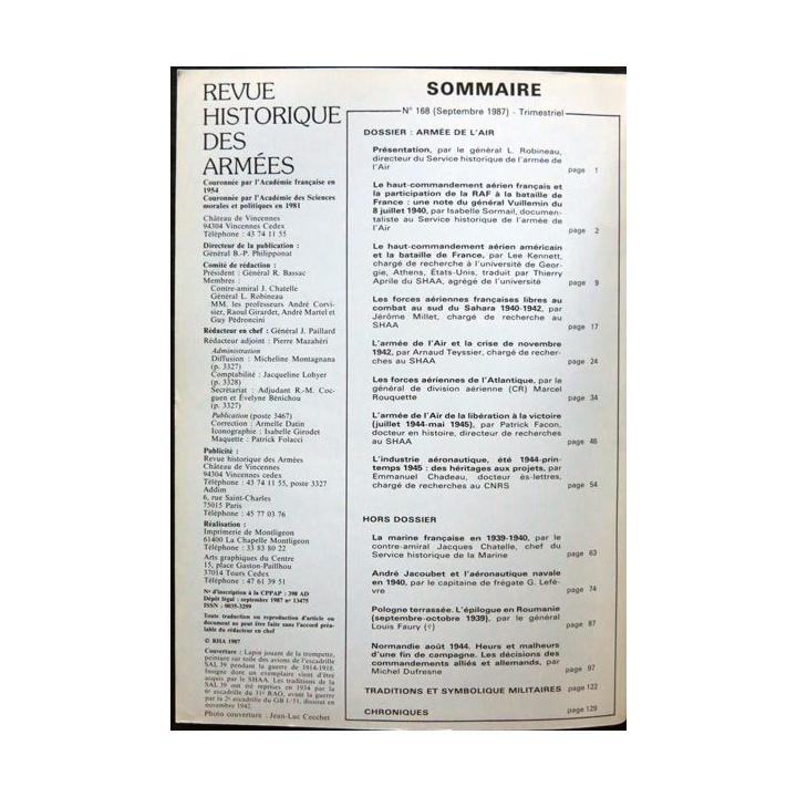 Revue historique des armées - N° 168 -  septembre 1987