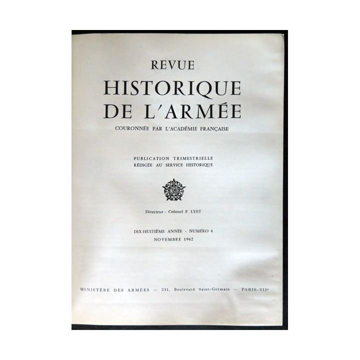 Revue historique de l'armée - 18° année N°4 - novembre 1962 - insigne  Drago sur la couverture
