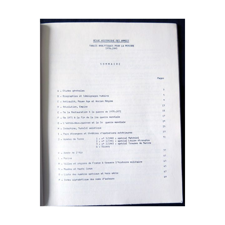 Revue historique des armées - Tables analytiques 1979-1983