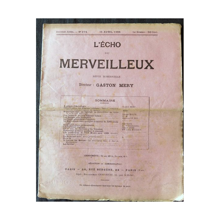L'écho du merveilleux 12° année N° 271 du 15 avril 1908 édité par la Bibliothèque Chacornac