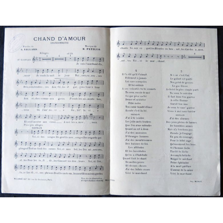 Chant d'amour chansonnette créée par Mayol. Musique R. Pétillo. M. Labbé Editeur