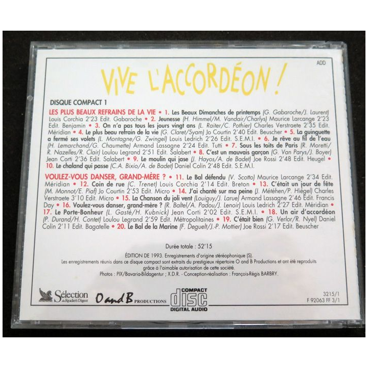 DISQUE CD : Vive l'Accordéon disque compact 1 Les plus beaux refrains de la vie