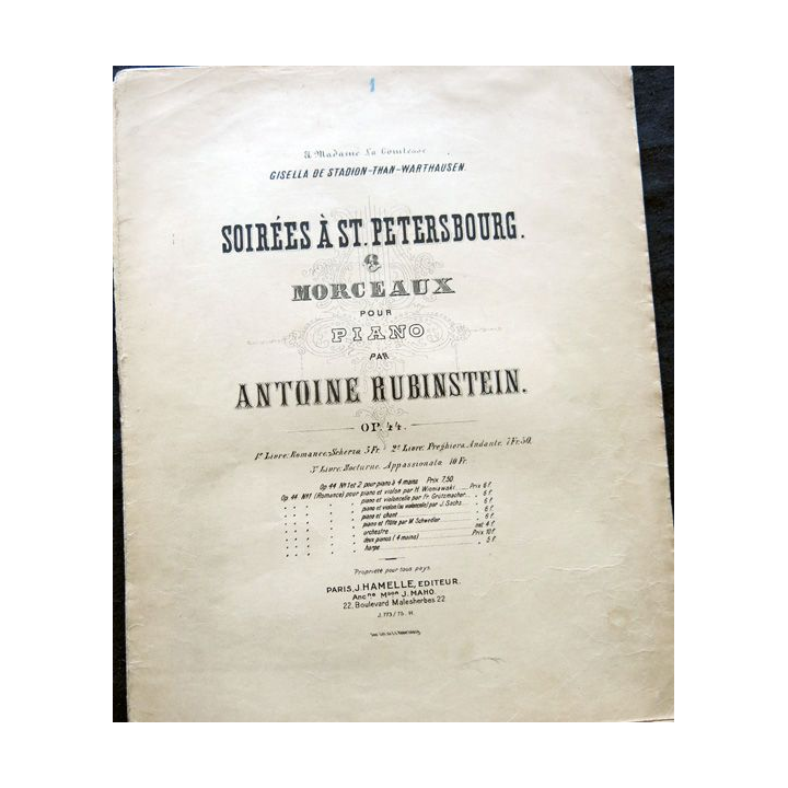 Soirée à St. Petersbourg et morceaux pour piano par Antoine Rubinstein Editions J. Hamelle Editeurs