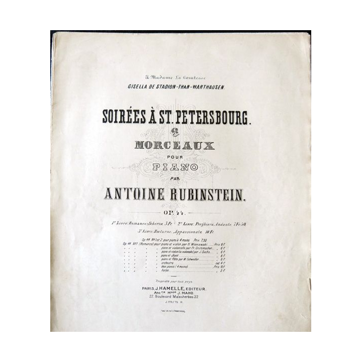 Soirée à St. Petersbourg et morceaux pour piano par Antoine Rubinstein Editions J. Hamelle Editeurs