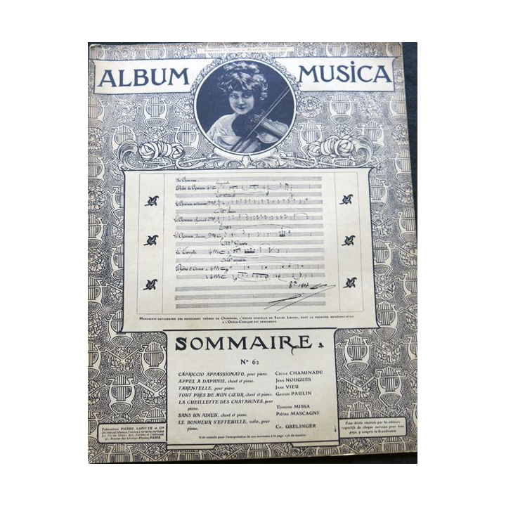 Album Musica sommaire N° 62 de novembre 1907 aux Editions Pierre Lafitte & Cie Editeurs