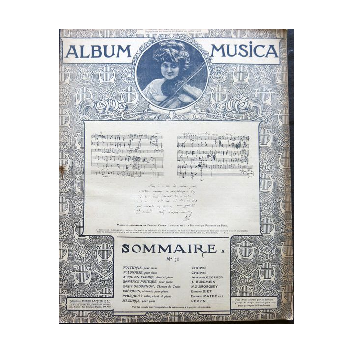 Album Musica sommaire N° 70 de juillet 1908 aux Editions Pierre Lafitte & Cie Editeurs