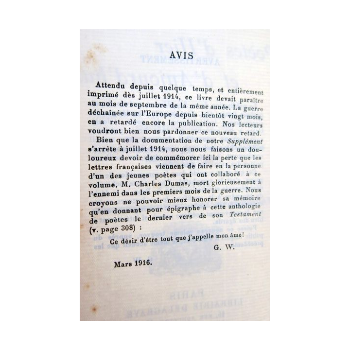 Poètes d'hier et d'aujourd'hui (1919) de G. Walch édité par la Librairie Delagrave
