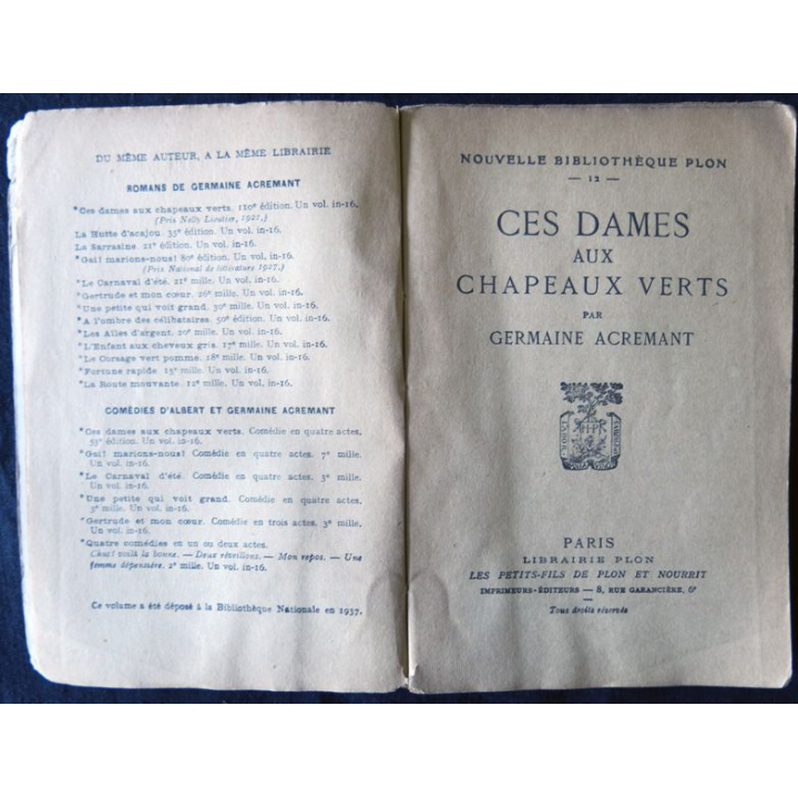 Ces dames au chapeaux verts de Germaine Acremant aux Editions Plon (1939)