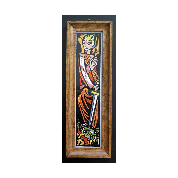 Plaque émaillée Saint Michel encadrée en bois 34 x 11 cm