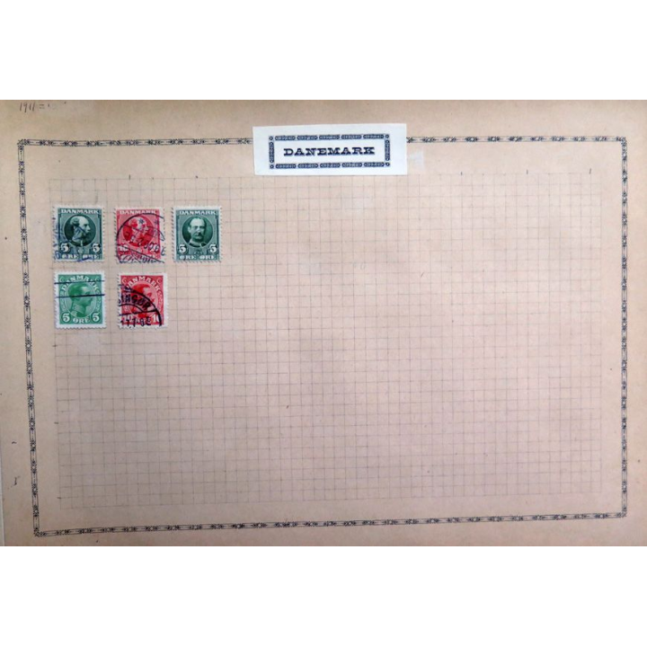 feuille de 5 timbres Danemark oblitérés sur charnière année 1904 - 1905
