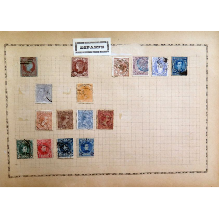 feuille de 16 timbres Espagne oblitérés sur charnière année 1860-1890