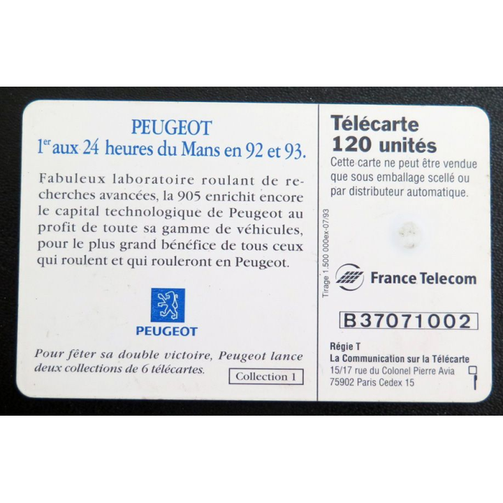 Carte téléphonique télécarte 120 Peugeot 1er aux 24 heures du Mans en 92 et 93