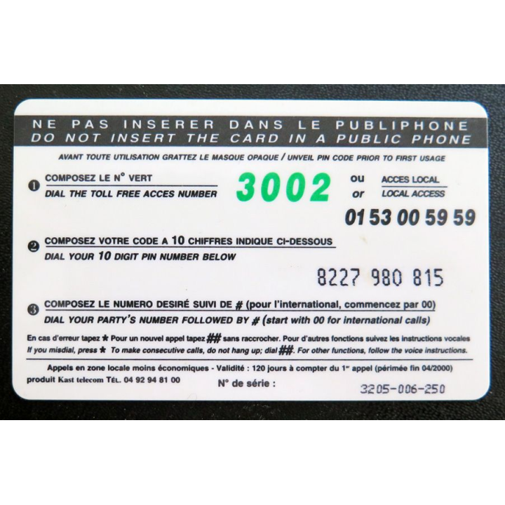 Carte téléphonique intelligente Kast telecom 50 frs