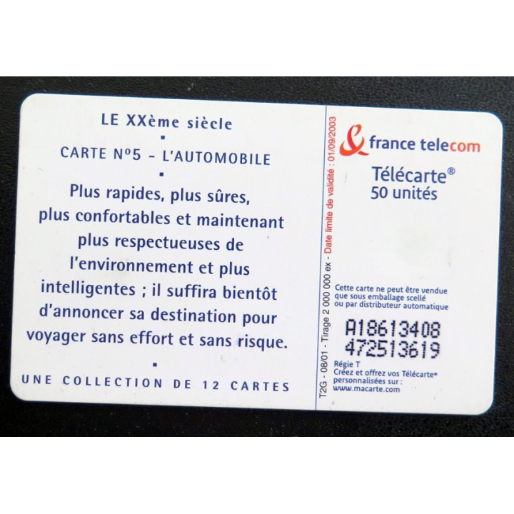 Carte téléphonique télécarte 50 XX° siècle carte n° 5 L'automobile