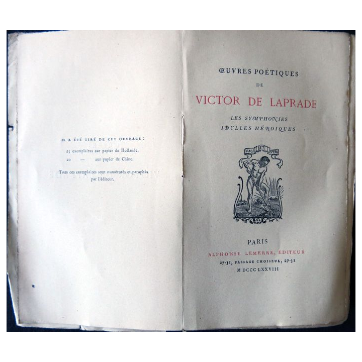 Œuvres poétiques de Victor de Laprade- Les symphonies idylles héroïques Alphonse Lemerre Editeur M DCCC LXXVIII
