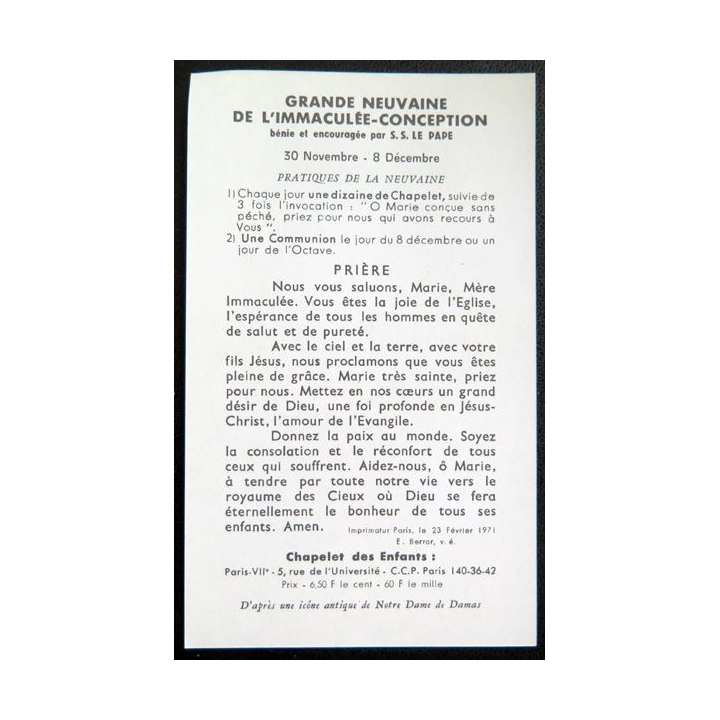 IMAGE PIEUSE : Grande neuvaine de l'Immaculée Conception 1971