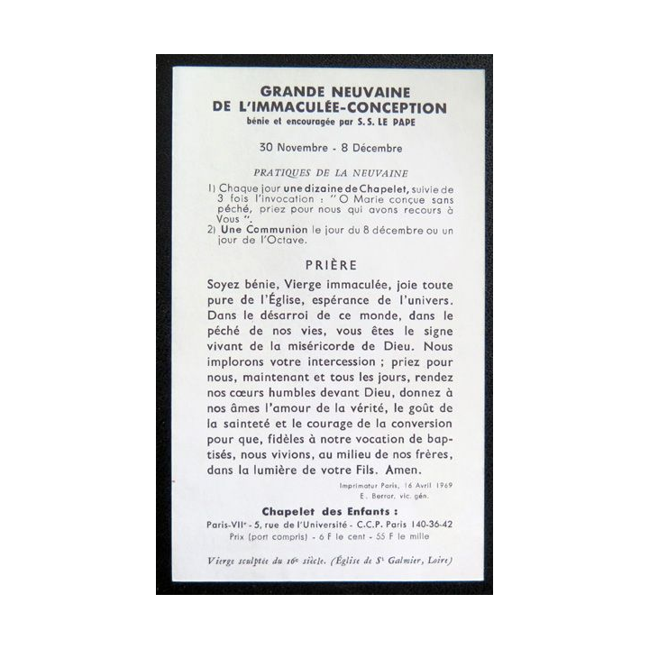 IMAGE PIEUSE : Grande neuvaine de l'Immaculée Conception 1969