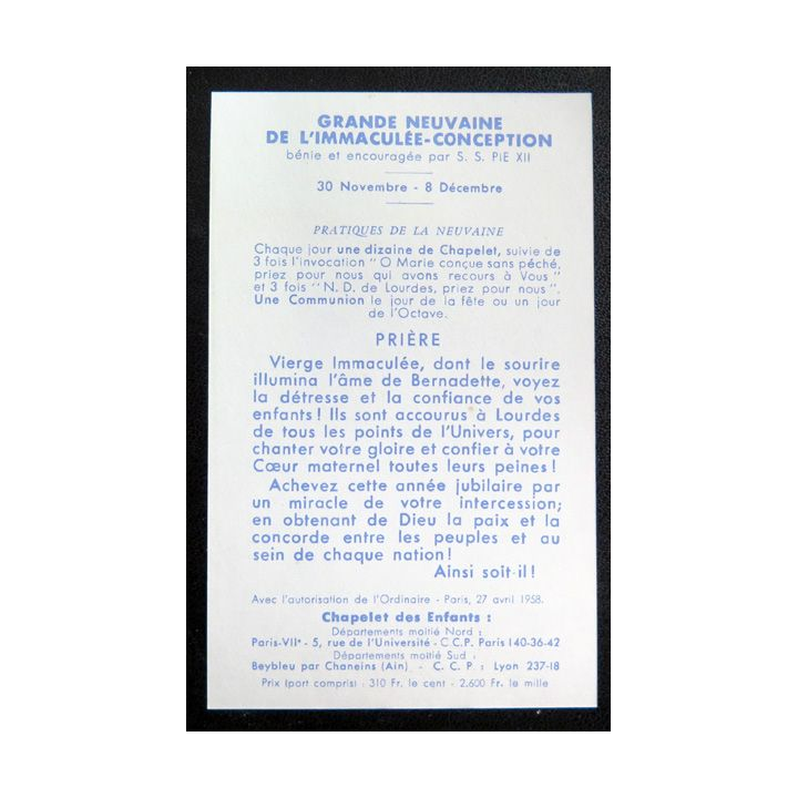IMAGE PIEUSE : Grande neuvaine de l'Immaculée Conception 1958