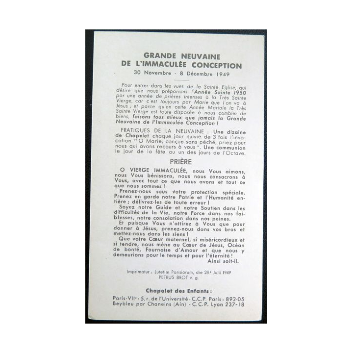 IMAGE PIEUSE : Grande neuvaine de l'Immaculée Conception 1949