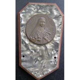 Plaque de Sainte Thérèse de l'Enfant Jésus hauteur 1',5 cm support bois