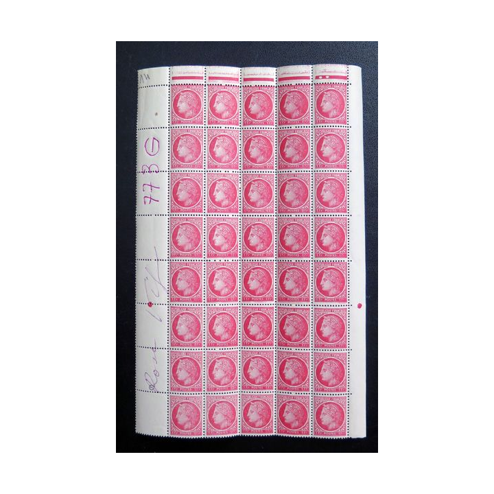FRANCE : feuille de  40 timbres neufs de CERES de Mazelin 1 Franc rouge 1945