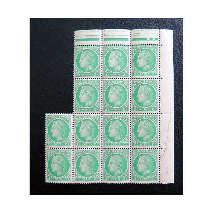 FRANCE : feuille de 14 timbres neufs de CERES de Mazelin 2 Francs vert jaune 1946