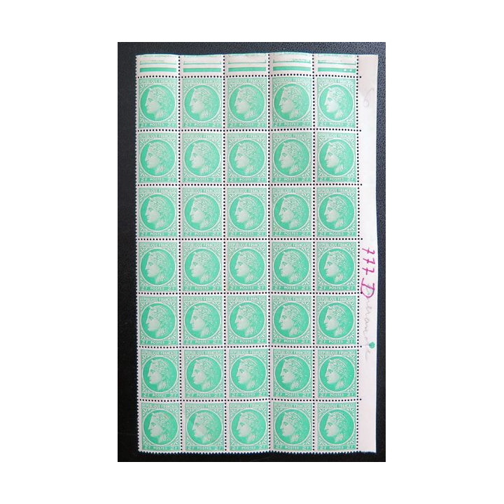 FRANCE : feuille de 35 timbres neufs de CERES de Mazelin 2 Francs vert jaune 1946