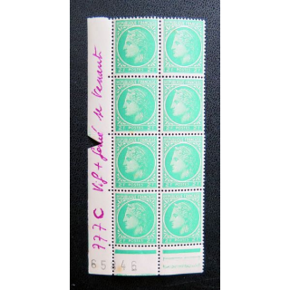 FRANCE : feuille de 8 timbres neufs de CERES de Mazelin 2 Francs vert jaune 1946 variante
