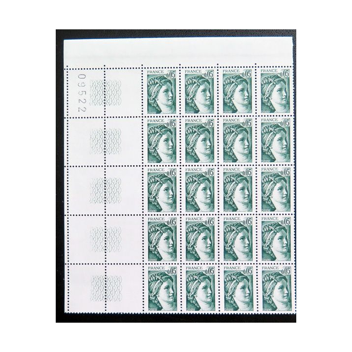 FRANCE : feuille de 20 timbres neufs de Sabine de Gandon 0,05 Vert Noir 1978