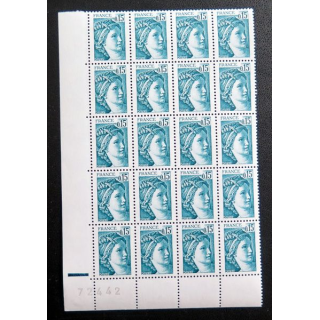 FRANCE : feuille de 20 timbres neufs de Sabine de Gandon 0,15 F Vert Bleu 1978