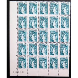 FRANCE : feuille de 25 timbres neufs de Sabine de Gandon 0,15 F Vert Bleu 1978