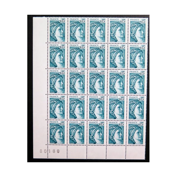FRANCE : feuille de 25 timbres neufs de Sabine de Gandon 0,15 F Vert Bleu 1978