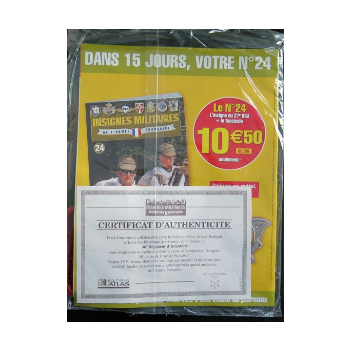 46° RI : insigne métallique du 46° régiment d''infanterie fabriqué par Arthus Bertrand pour les éditions Atlas