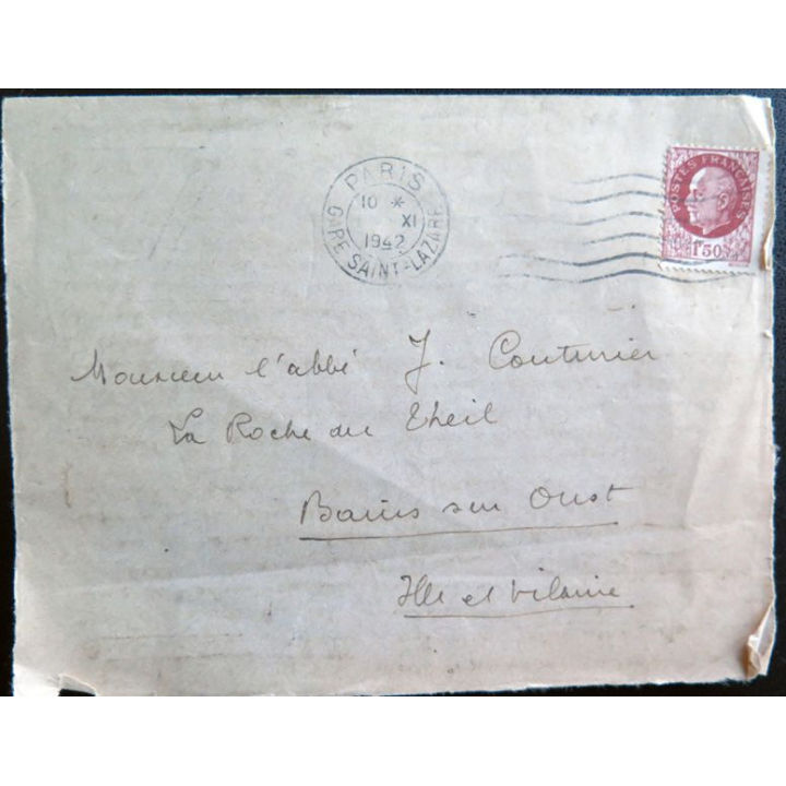Lettre 1942 à l'Abbé Jean Couturier avec timbre Ahun n° 5 Pétain 1,5 F 