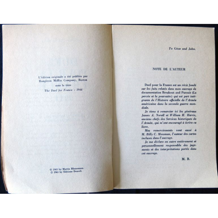 Duel pour la France 1944 de Martin Blumenson aux Editions Editions Denoël