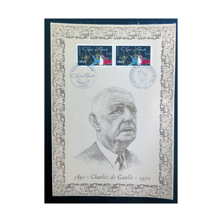 Carte 1° Jour Charles de Gaulle 1890 - 1970 illustré et oblitéré sur soie numéroté 33