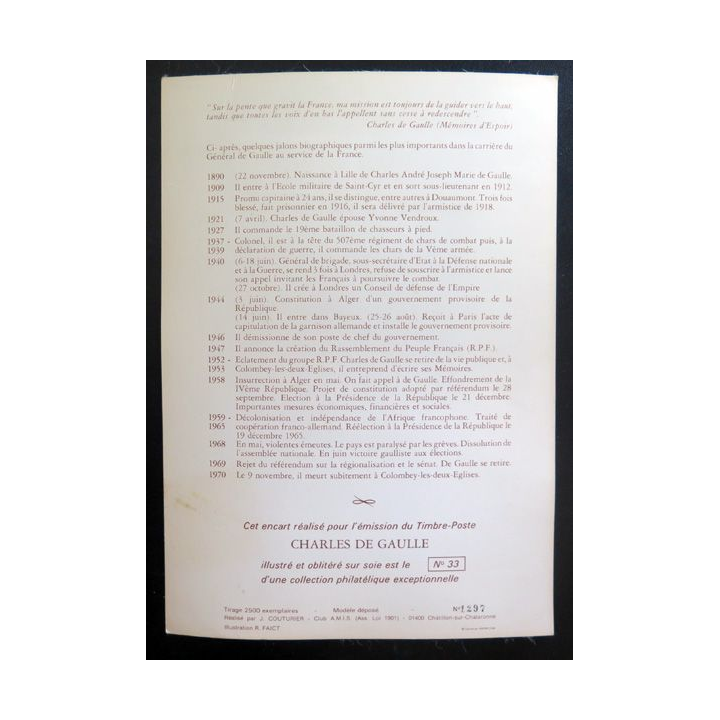 Carte 1° Jour Charles de Gaulle 1890 - 1970 illustré et oblitéré sur soie numéroté 33
