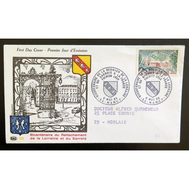 Enveloppe 1° Jour 8 mai 1966 Nancy Bicentenaire du Rattachement de la Lorraine et du Barrois