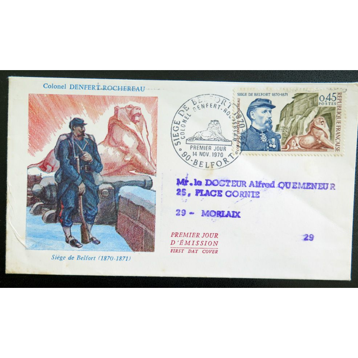 Enveloppe de 1° jour 14 novembre 1970 Colonel Denfert Rochereau