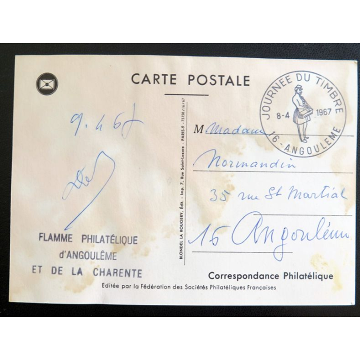 Carte 1° Jour 8 Avril 1967 Angoulème pour la journée du timbre