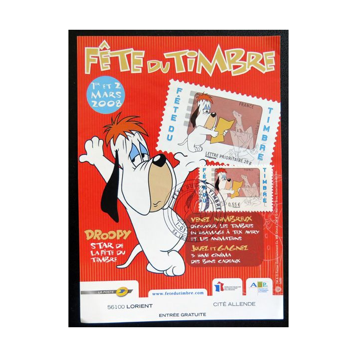 Carte 1° Jour de la fête du timbre 1°  et 2 mars 2008 à Lorient timbre Droopy