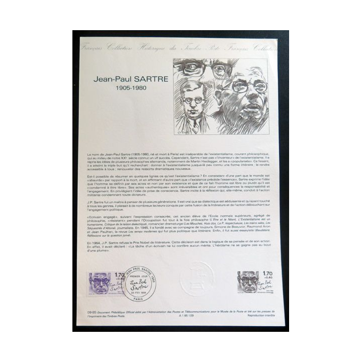 Document philatélique officiel la poste Jean-paul Sartre 1905-1980