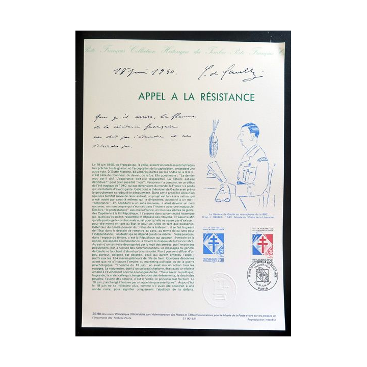 Document philatélique officiel la poste Appel à la Résistance 18 juin 1940