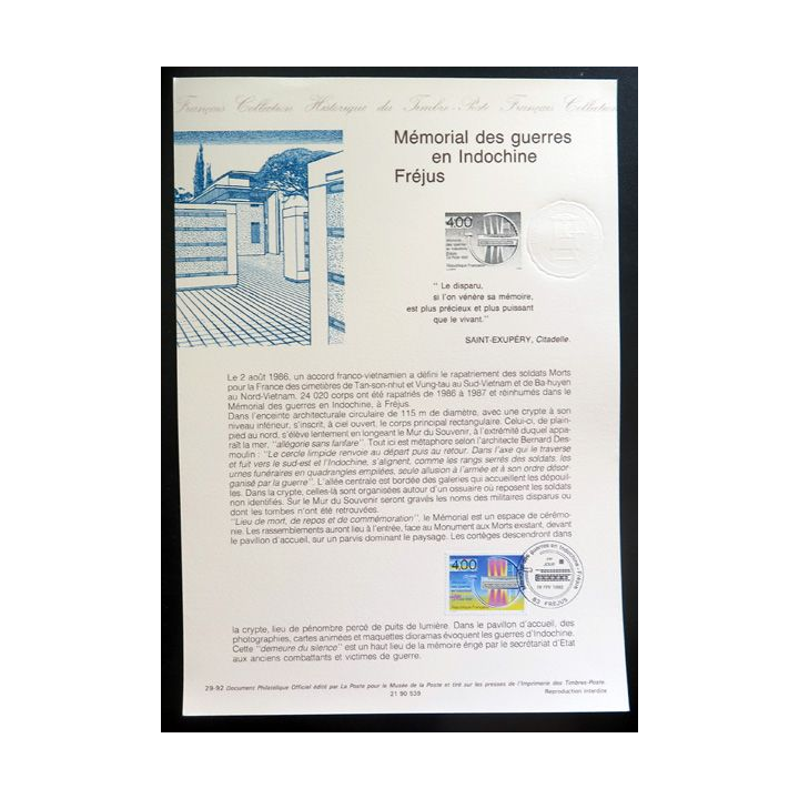 Document philatélique officiel la poste Mémorial des guerres en indochine Fréjus