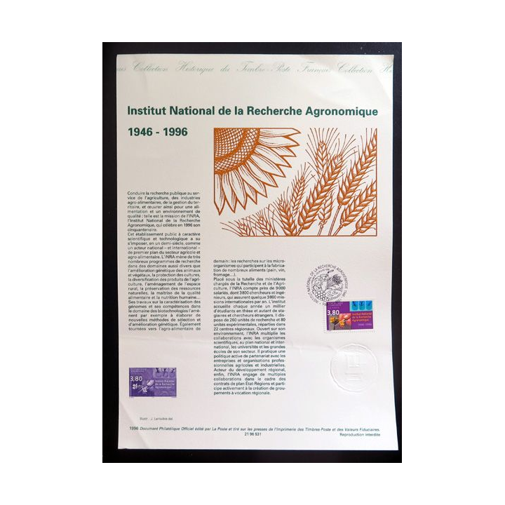Document philatélique officiel la poste Institut National de la Recherche Agronomique 1946-1996