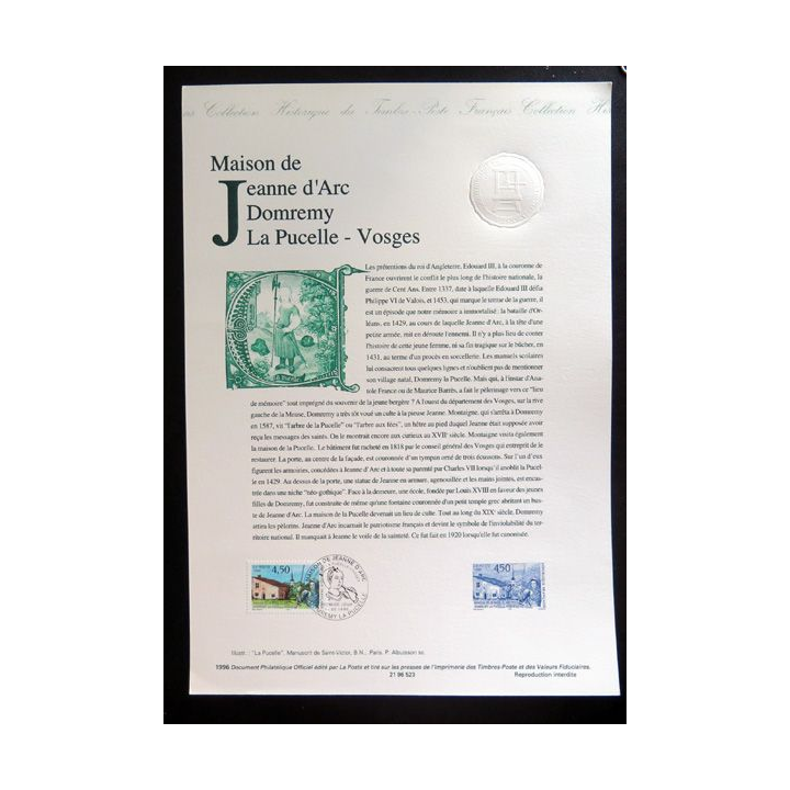 Document philatélique officiel la poste Maison de Jeanne d'Arc Domremy La pucelle Vosges