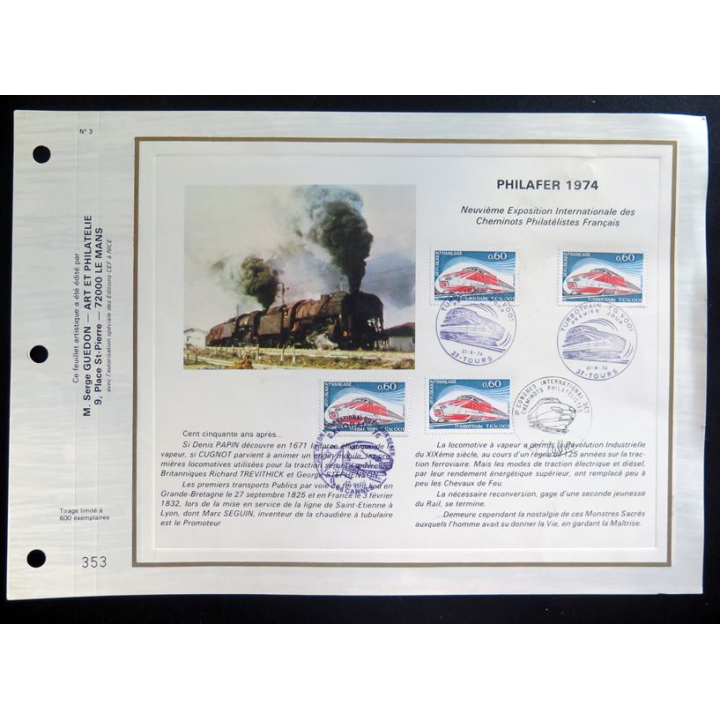 Document Art et philatélie Le Mans : Philafer 1974 31 août 1974 Tours
