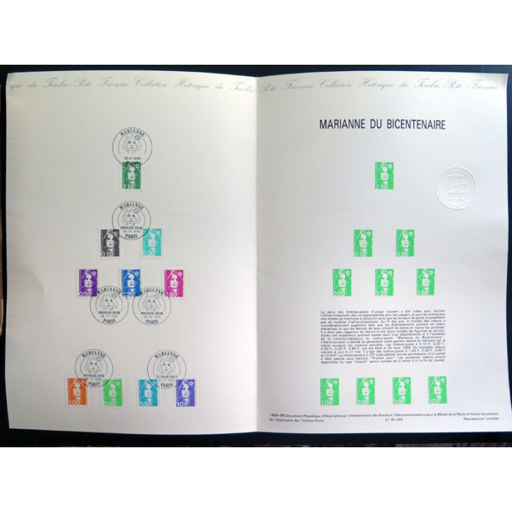 Document philatélique officiel la poste 6 planches de la Marianne du Bicentenaire 